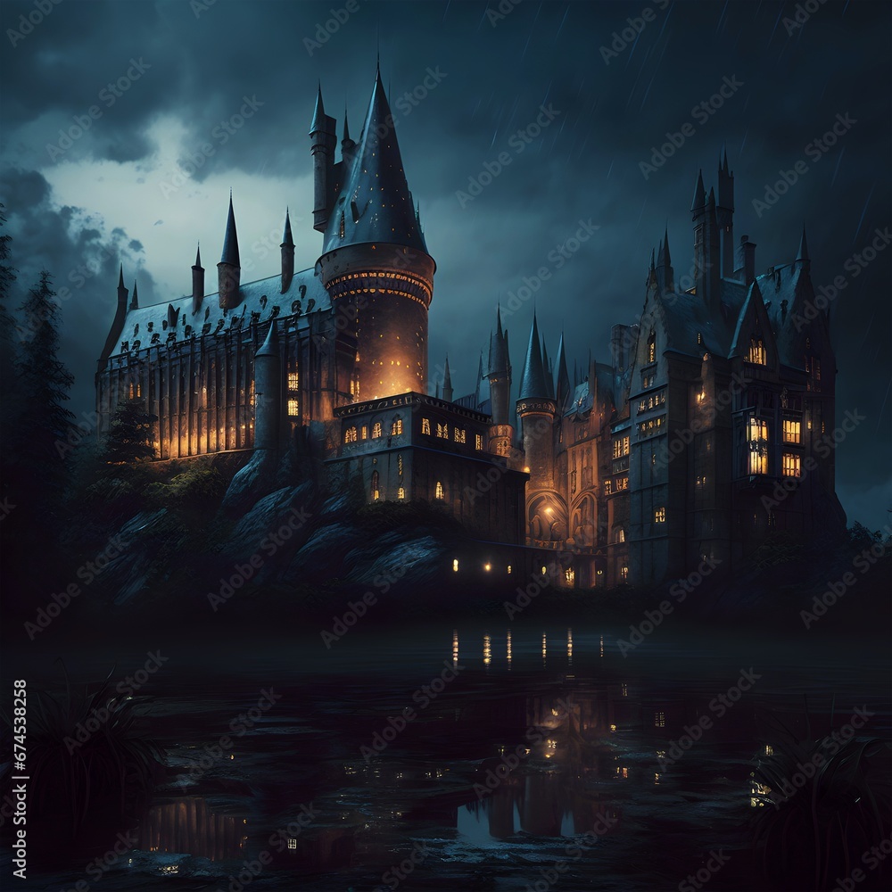 Obraz premium Mysterious castle in a rainy night, Generative AI illustrations