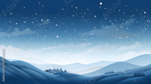 Serene winter night landscape with glowing stars over snow-covered mountains and forest. © Jan