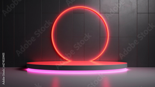 Grey gray, room or scene with concret wall and with pink neon ligtht circle on on wall and white podium on the ground, for product presentation photo