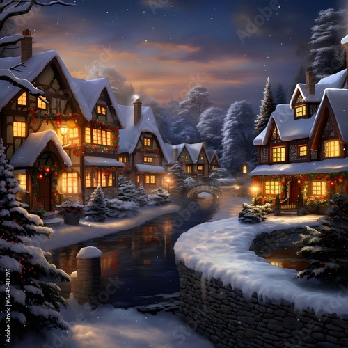 Winter landscape with houses in the village at night. 3d rendering