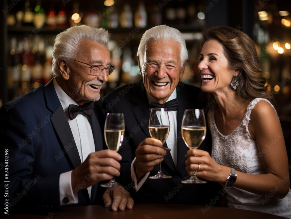 Radiant Trio Celebrates with a Toast in an Intimate Setting, Capturing the Essence of Joy and Connection