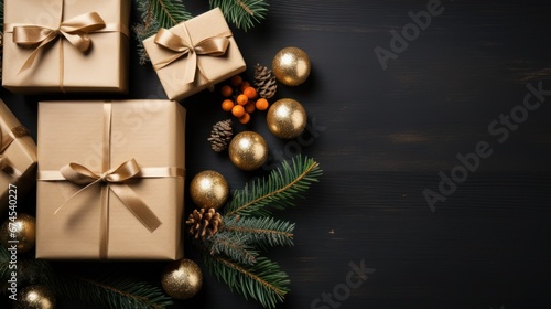Top view of a Christmas composition with wrapped presents and spruce branches. AI generated © PandaStockArt