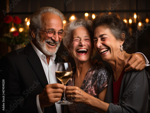 Radiant Trio Celebrates with a Toast in an Intimate Setting, Capturing the Essence of Joy and Connection