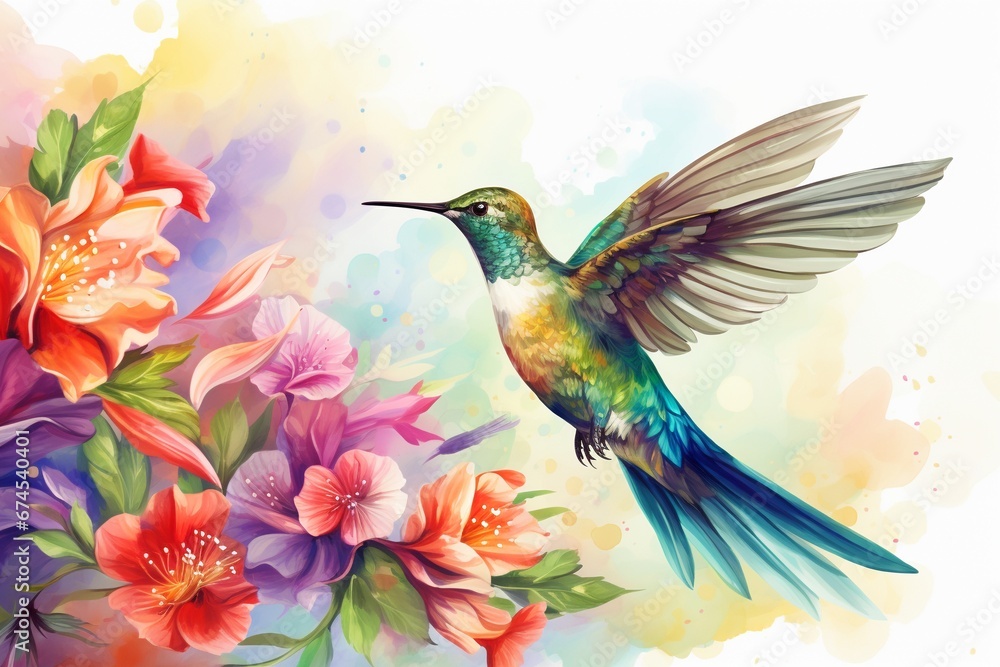 Fototapeta premium Hummingbird in Flight: Watercolor Style Illustration with Colorful Flowers