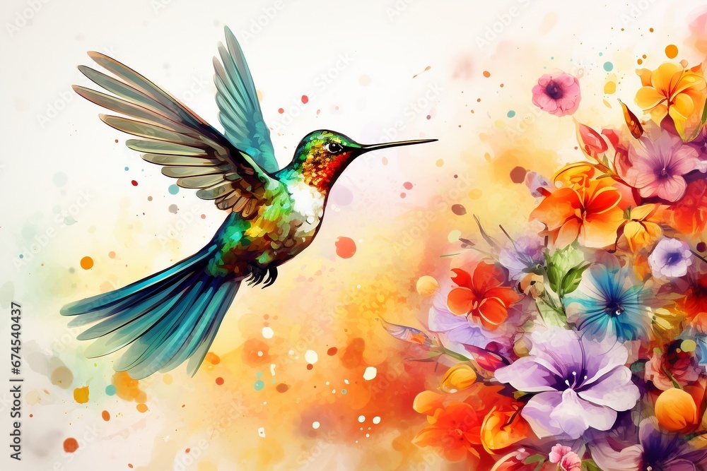 Fototapeta premium Hummingbird in Flight: Watercolor Style Illustration with Colorful Flowers