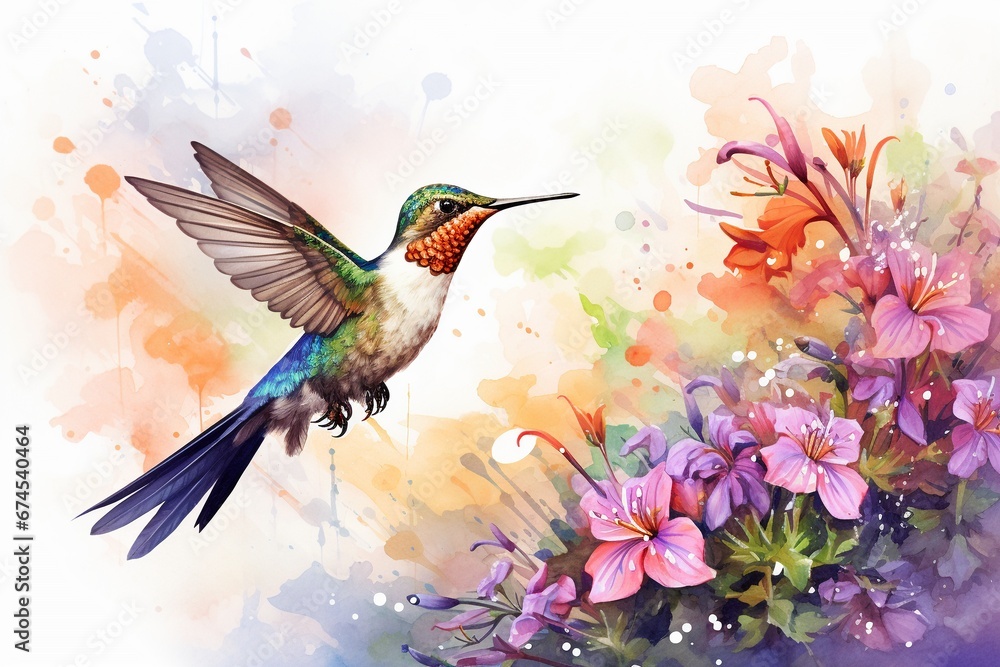 Hummingbird in Flight: Watercolor Style Illustration with Colorful Flowers