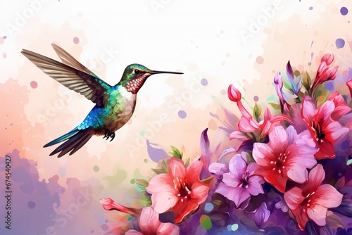 Hummingbird in Flight: Watercolor Style Illustration with Colorful Flowers © Cyprien Fonseca