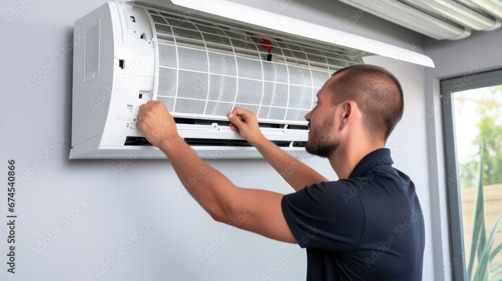 technician service cleaning the air conditioner indoors