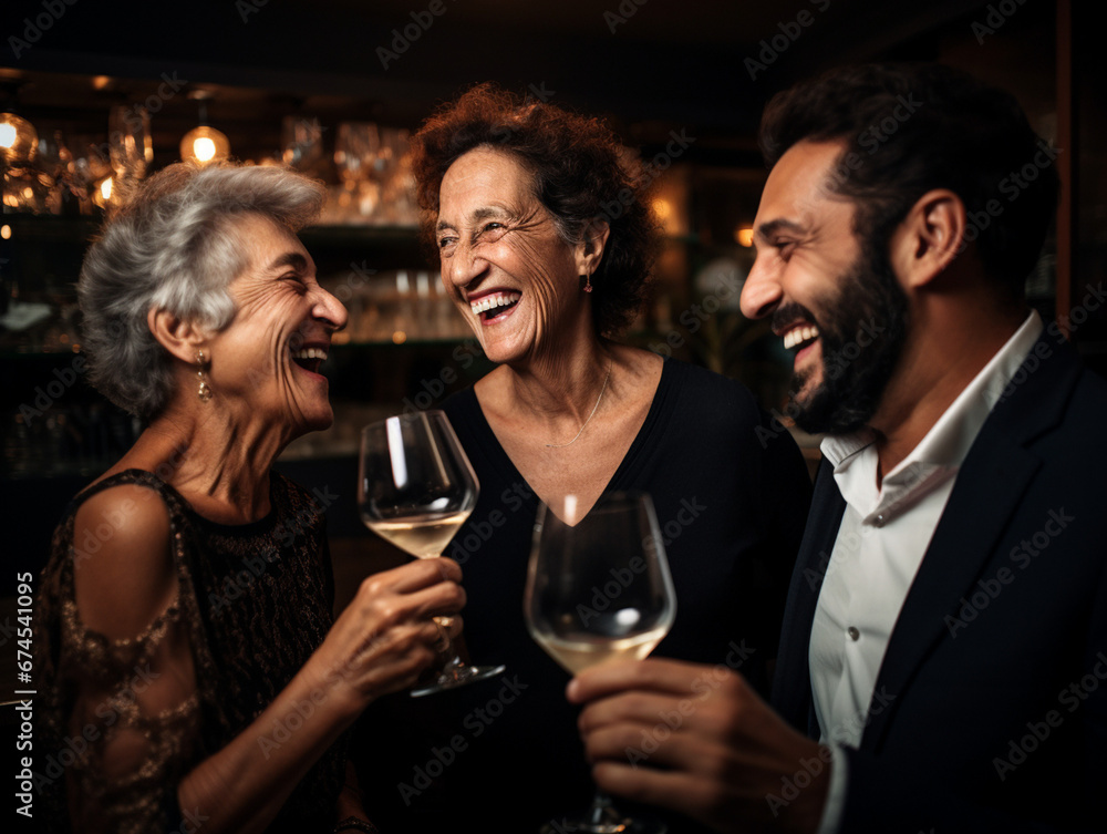 Radiant Trio Celebrates with a Toast in an Intimate Setting, Capturing the Essence of Joy and Connection