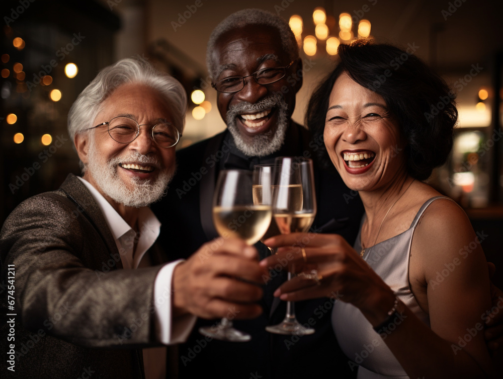 Radiant Trio Celebrates with a Toast in an Intimate Setting, Capturing the Essence of Joy and Connection