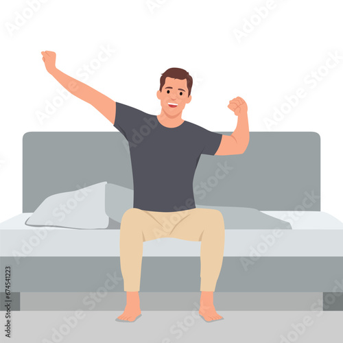 Man stretching in bed after waking up, entering a day happy and relaxed after good night sleep. Sweet dreams, good morning. Flat vector illustration isolated on white background