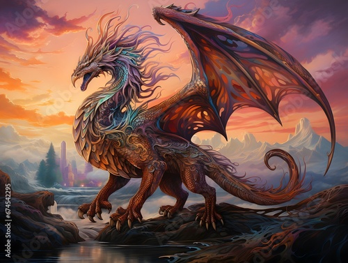 3D rendering of a fantasy dragon flying over a mountain river at sunset © Iman