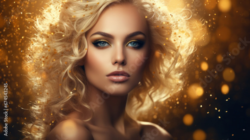 Portrait of a girl with golden make-up shot.