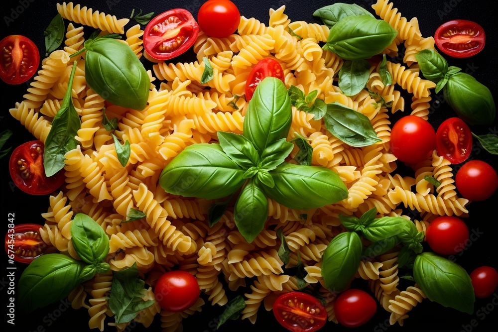 Fototapeta premium Assorted Pasta with Tomatoes and Basil