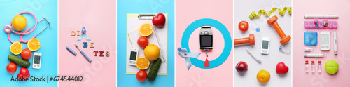 Collage of glucometer with insulin, sports equipment and healthy ptoducts on blue and pink background photo