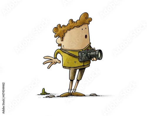 Illustration of Amazed Man with Curly Hair Holding a Camera, isolated.