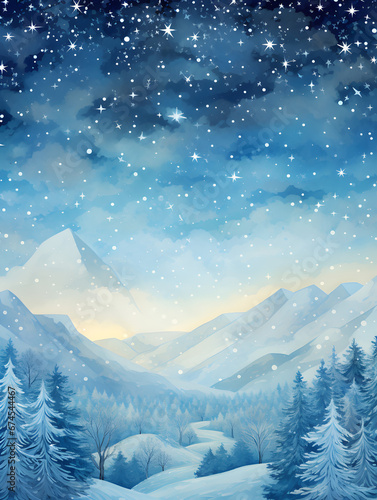 Serene winter night landscape with glowing stars over snow-covered mountains and forest.