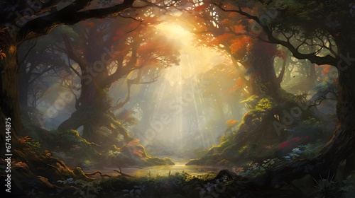 Fantasy forest with fog and sun. 3d render illustration. © Iman