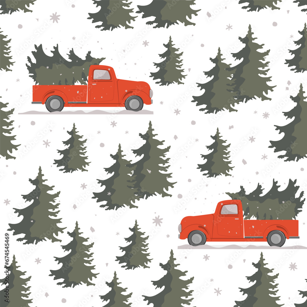 Christmas seamless pattern with red pickup truck with Christmas tree in pine tree forest. Winter print with hand drawn vintage car and holiday snowy tree on white background. Vector illustration