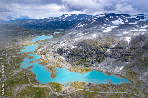 Aerial view above the glaciers melting into the permafrost of Jostedalsbreen National Park 