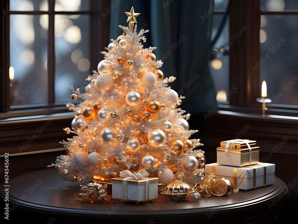 Christmas tree with gifts in the interior of the room. 3d rendering