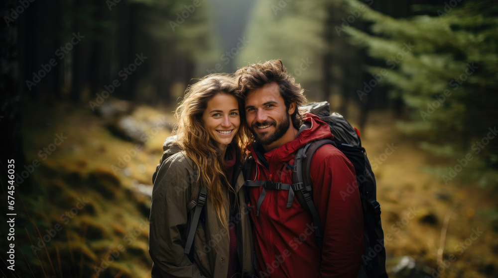 Young caucasian couple in outdoor jackets walk in together, enjoy trip, outdoor. Hiking, active lifestyle, adventure and tourism concept Young caucasian couple in outdoor jackets walk in together, enjoy trip, outdoor. Hiking, active lifestyle, adventure and tourism concept