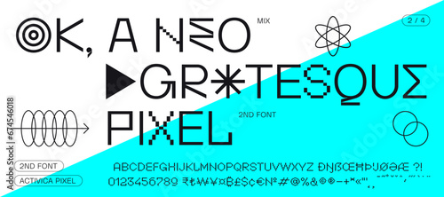 Headline alphabet Neo grotesque sans serif alphabet with graphic elements, sign, symbol, alternative letters. Classic creative new grotesk alphabet for design, typographic, poster. Vector Illustration