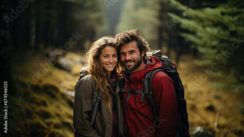 Young caucasian couple in outdoor jackets walk in together, enjoy trip, outdoor. Hiking, active lifestyle, adventure and tourism concept