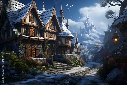 Fairy tale village in the mountains, 3d rendering digital illustration
