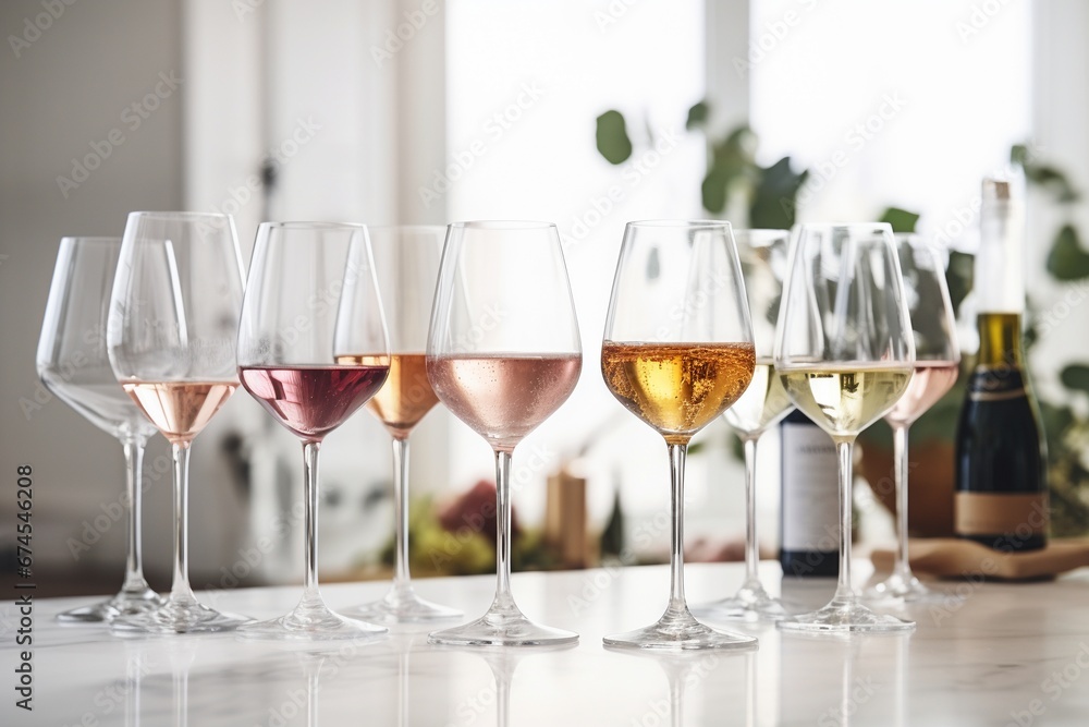 Assorted White and Rosé Wine Glasses on Kitchen Countertop Assorted White and Rosé Wine Glasses on Kitchen Countertop