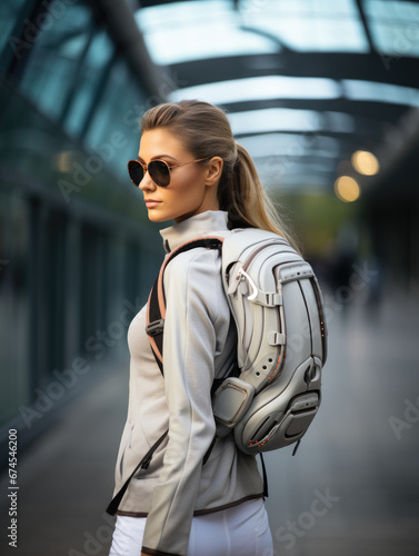 Young beautiful woman with futuristic high tech backpack. Science Fiction concept.