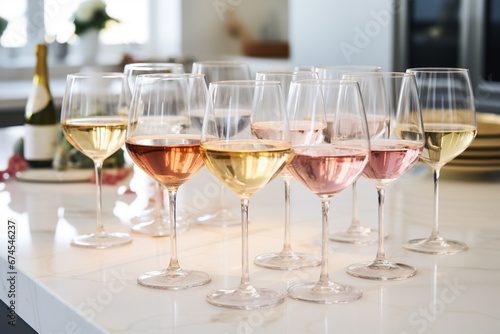 Assorted White and Rosé Wine Glasses on Kitchen Countertop