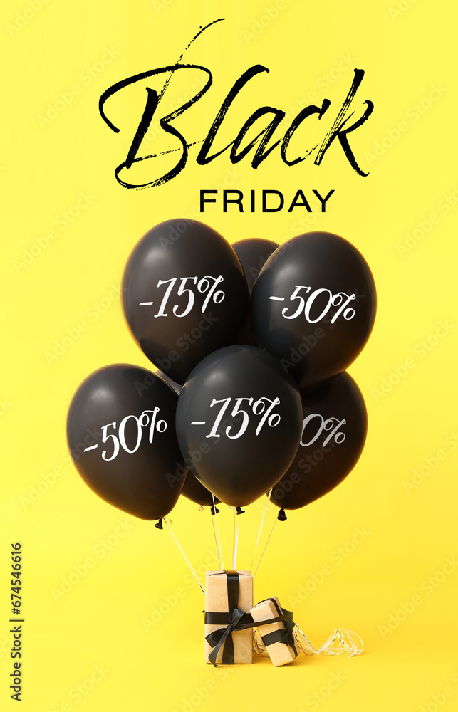 Obraz premium Many balloons, gifts and text BLACK FRIDAY on yellow background