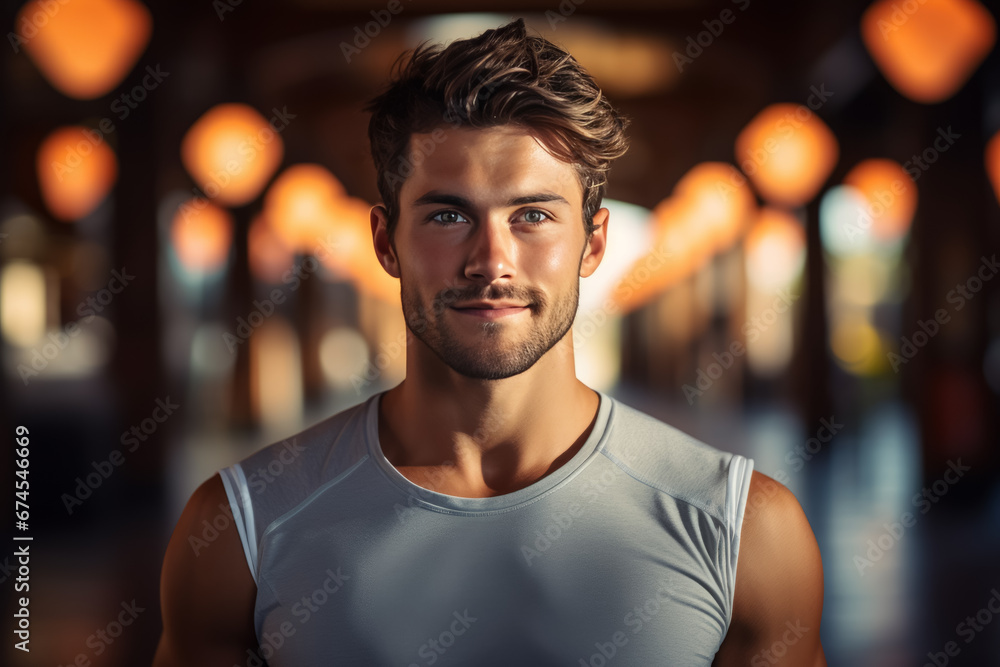 portrait of young muscular man resting in gym while looking at camera. Healthy lifestyle portrait of young muscular man resting in gym while looking at camera. Healthy lifestyle