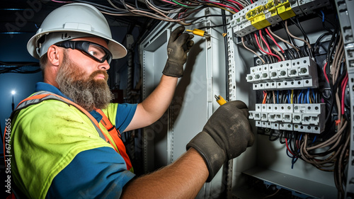 Male adult commercial electrician at work on a fuse box, adorned in safety gear with protective goggles. Construction industry, electrical system. 