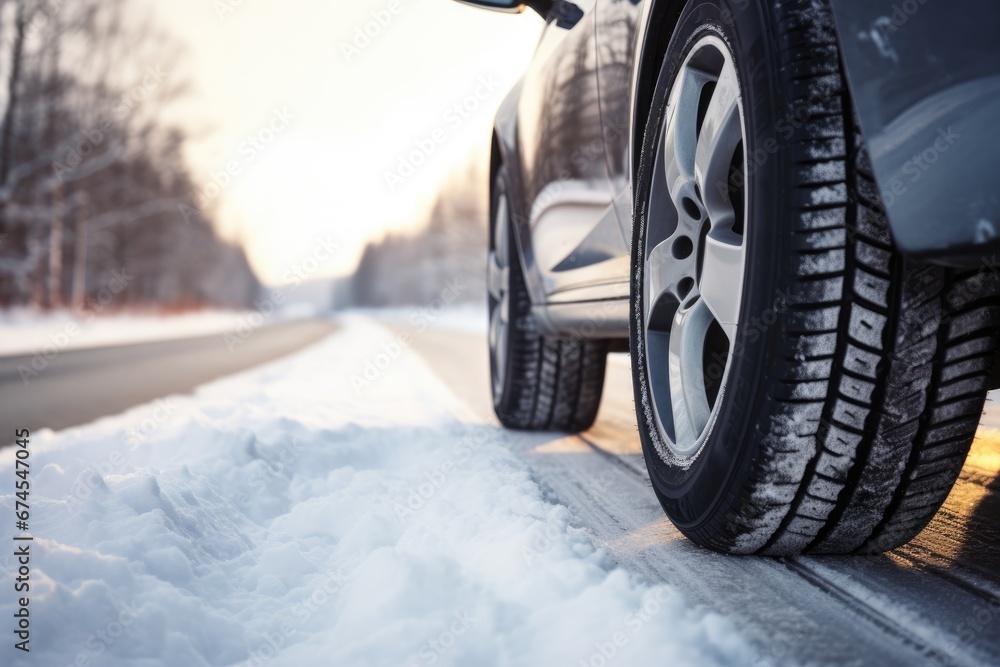 Car tires on winter road. Side view of car with a winter tires on a snowy road