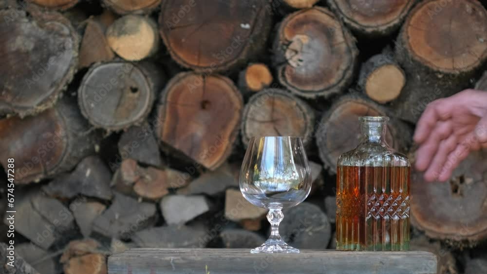 Cognac pouring in the glass from bottle. Hand puts a carafe with golden cognac and pouring into the glass, wooden table near logs. Strong drink - brandy or whiskey with ice. Alcohol amber drink Cognac pouring in the glass from bottle. Hand puts a carafe with golden cognac and pouring into the glass, wooden table near logs. Strong drink - brandy or whiskey with ice. Alcohol amber drink