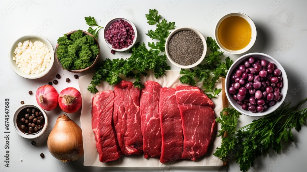 Raw beef steaks, fresh vegetables including spices, and a variety of green herbs on a light background. Selection of protein and nutrients ingredients, Concept: for a healthy diet Raw beef steaks, fresh vegetables including spices, and a variety of green herbs on a light background. Selection of protein and nutrients ingredients, Concept: for a healthy diet