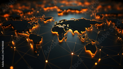 Dark atmosphere envelopes 3D world map with network connections in light orange.
