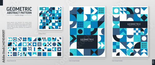 Geometric Retro Pattern. Color Abstract Shape Background. Graphic Design Elements Set. Modern Bauhaus Vector Art. Corporate Poster, Banner, Cover. Triangle, Square, Circle Forms. Module Grid Construct