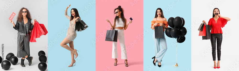 Many beautiful young women with shopping bags on color background. Black Friday sale Many beautiful young women with shopping bags on color background. Black Friday sale