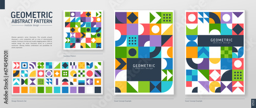 Geometric Retro Pattern. Color Abstract Shape Background. Graphic Design Elements Set. Modern Bauhaus Vector Art. Corporate Poster, Banner, Cover. Triangle, Square, Circle Forms. Module Grid Construct