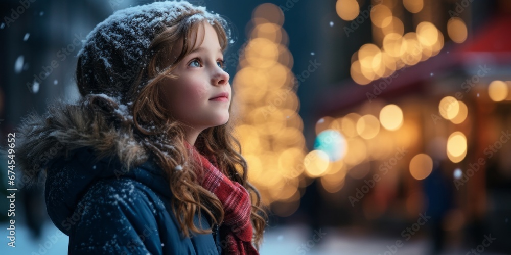 Little girl watching the christmas lights, AI generated
