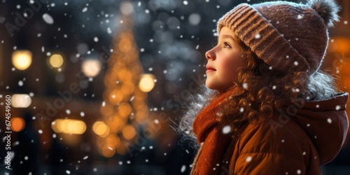 Little girl watching the christmas lights, AI generated