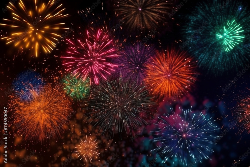Vivid 3D New Year card with realistic fireworks, sparking joy and celebration Vivid 3D New Year card with realistic fireworks, sparking joy and celebration