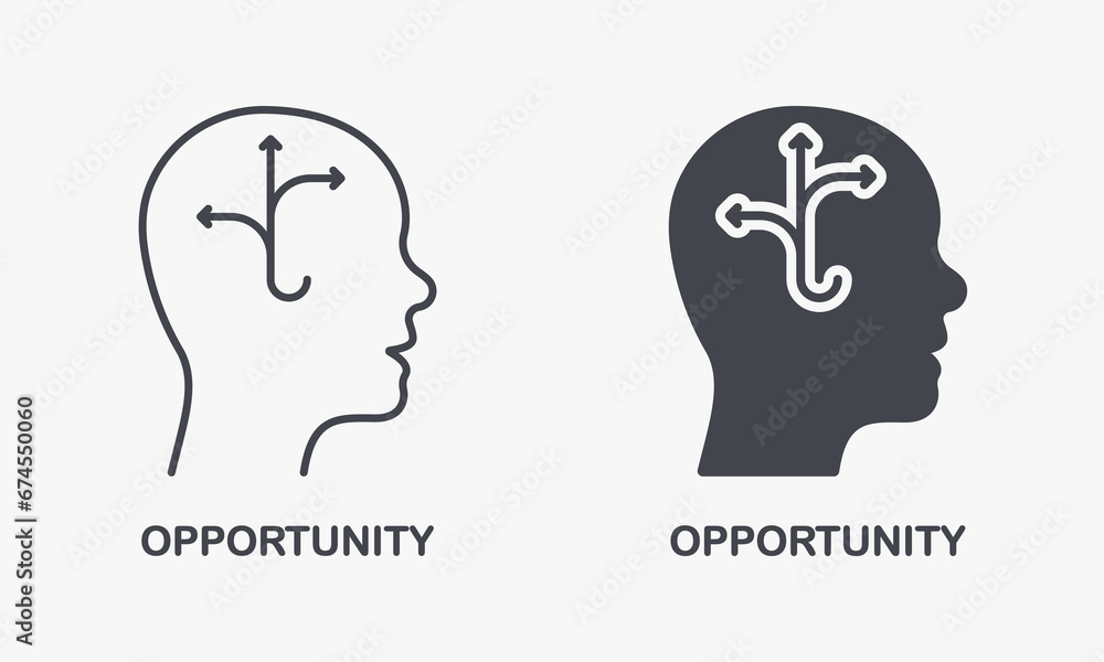 Opportunity, Choice, Success Silhouette and Line Icon Set. Idea for Career Development in Human Head. Goal, Potential Success, Intellectual Process Symbol Collection. Isolated Vector Illustration