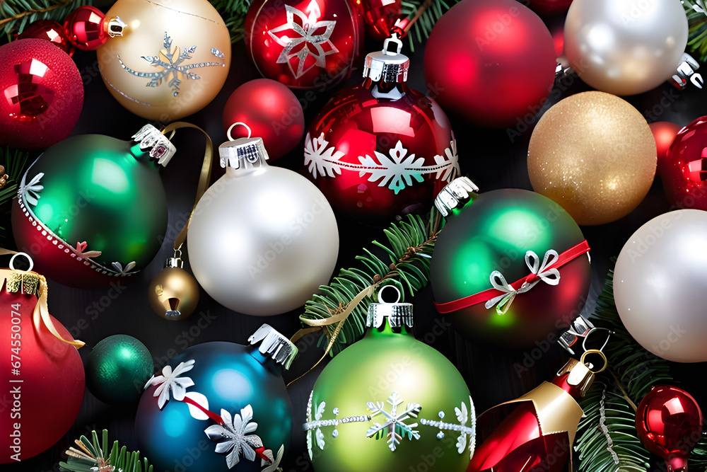 Christmas ornaments laid out. Generative AI Christmas ornaments laid out. Generative AI