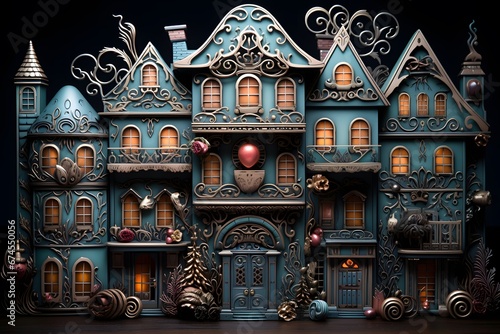Christmas figurines in the form of houses and trees on a black background