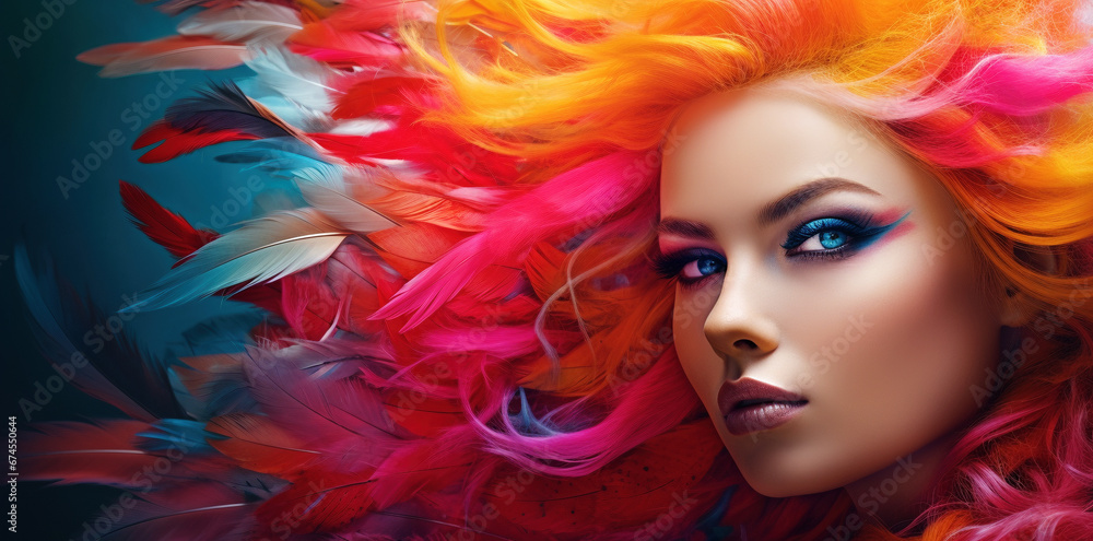Woman adorned in vibrant makeup and feathers, a theatrical burst of color.