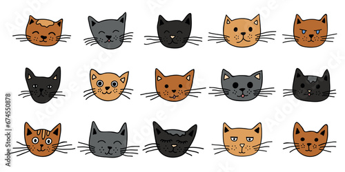 Hand drawn cat muzzle clipart. Cute pet face doodle set